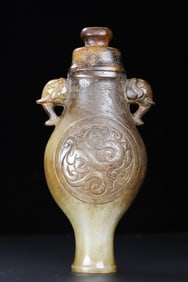 An Exquisite White Jade Dragon Pattern Double-Ears Vase