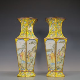 A Exquisite A pair of Coppery Enamel Flower and Fruit Pattern Character and Story Pattern Vase