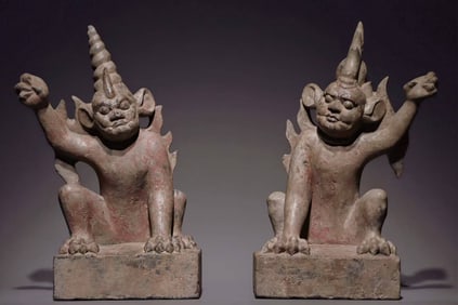 An Exquisite Limestone Painted Color Auspicious Beast Ornament