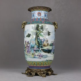 An Exquisite Famille-Rose Inlaid Bronze Character and Story Pattern Lotus Pattern with poem