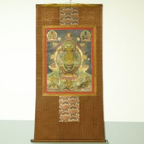 An Exquisite Brocade Painted Color Buddha Statue Tangka