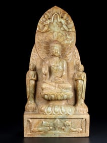 An Exquisite White Jade With Inscription Buddha Statue