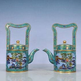 A Exquisite A pair of Cloisonne Lotus Pattern Character and Story Pattern Teapot