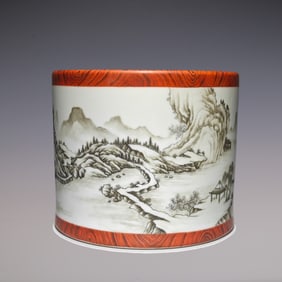 An Exquisite Ink Color Imitation Wood Grain Glazed Landscape Pattern Brush Pot
