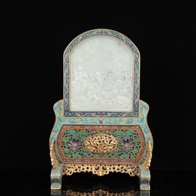 An Exquisite Cloisonne Inlaid White Jade Figure Pattern Table Screen,with poem