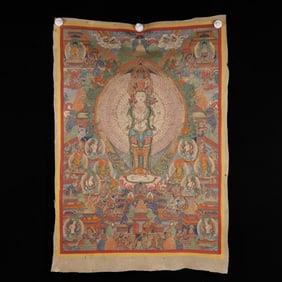 A Rare Cowhide Painted Color Statue of Thousand-hand Guanyin Tangka