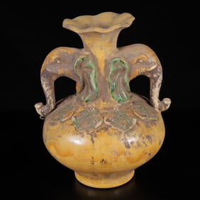 An Exquisite Tang Tri-Color Glazed Pottery Elephant Double-Ears Vase
