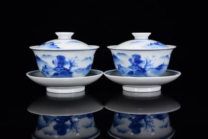 A Pair of Exquisite Blue and White Landscape Pattern Bowls