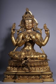 A Rare Gilt Bronze Inlaid Gems Statue of Avalokitesvara