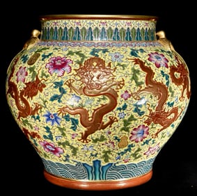 A Huge Enamel Flower and Dragon Pattern Jar