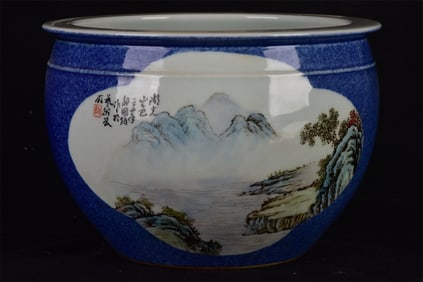 An Exquisite Blue Glazed Landscape Pattern Censer,with Poem