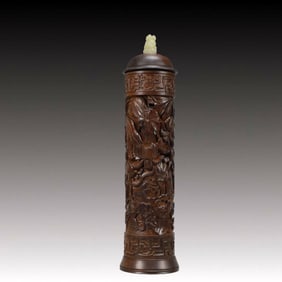 An Exquisite Zitanwood Inlaid White Jade Lotus Pattern Incense Tube