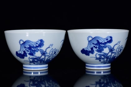 A Pair of Exquisite Blue and White Lotus Pattern Bowls