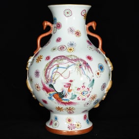 A Rare Famille-Rose Phoenix Pattern Double-Ears Vase