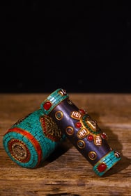 A Rare Meteorite Inlaid Dzi Bead and Turquoise Ornament