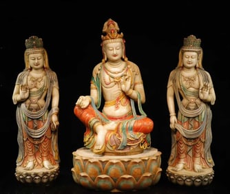 A Set of Solemn Marble Painted Color Statue of Avalokitesvara
