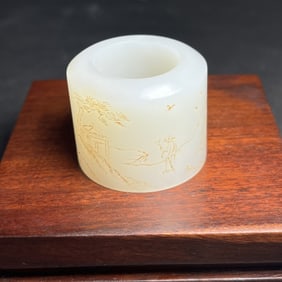 An Exquisite White Jade Character and Story Pattern Thumb Ring,With Poem