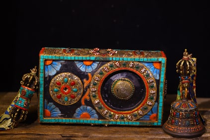 A Set of Rare Bronze Inlaid Dzi Bead and Turquoise Figure-Face Pattern Ornaments