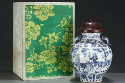 A Huge Blue and White Figure and Story Pattern Fish-Ears Jar with Cover