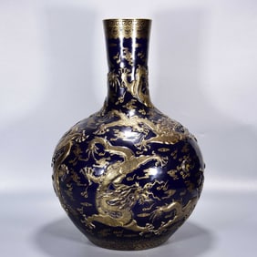 A Huge Ji Blue Glazed Painted Gold Dragon Pattern Vase