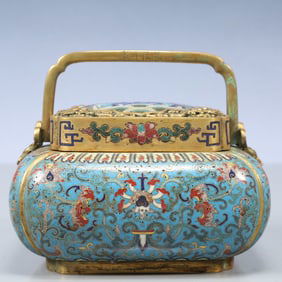 An Exquisite Cloisonne Lotus and Bats Pattern Hollow Lunch Box