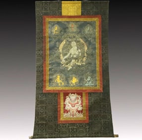 A Rare Brocade Painted Color Statue of Green Tara Tangka