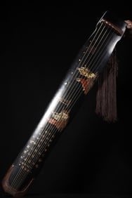 An Exquisite Carved Lacquer Painted Gold Character and Story Pattern Qin