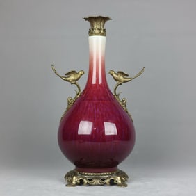 A Huge Flambe Glazed Inlaid Bronze Flower and Bird Double-Ears Vase