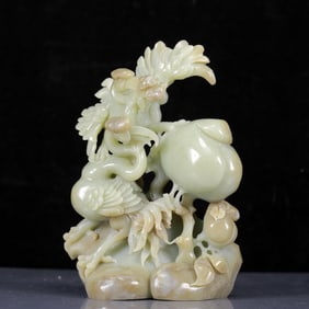 An Exquisite Greenish Jade Crane and Peach Pattern Ornament
