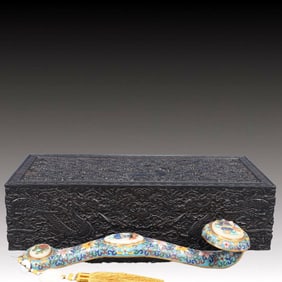 A Huge Cloisonne Inlaid White Jade Lotus and Figure Pattern Ruyi,Inlaid Gems,With Auspicious Cloud