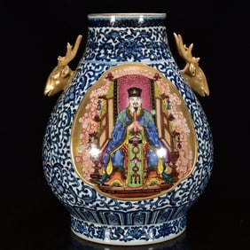 A Huge Blue and White Gilt Figure Pattern Deer-Ears Vase