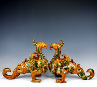 A Pair of Rare Liao Tri-Color Glazed Pottery Dragon and Phoenix Ornaments