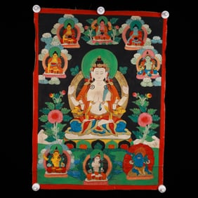 A Rare Brocade Painted Color Statue of Four-Armed Guanyin Tangka