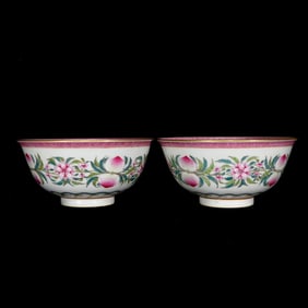 A Pair of Exquisite Famille-Rose Flower and Fruit Pattern Bowls