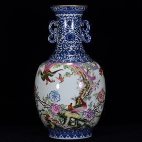 A Huge Blue and White Jiacai Flower and Bird Pattern Double-Ears Vase,with Poem