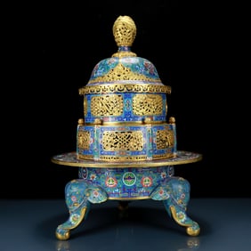 A perfect cloisonné 'Lotus and Eight dharma-vessel' pattern tripod censer