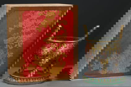 An Archaic Inlaid Gold Bronze Phoenix Pattern Double-Ears and Tripod Censer,with Inscription