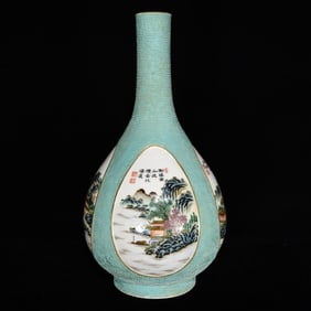 An Exquisite Famille-Rose Landscape and Figure Pattern Vase,With Poem