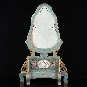 An Exquisite Cloisonne Inlaid White Jade Dragon Pattern Table Screen,with an Imperial Poem by