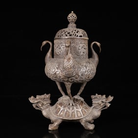 An Exquisite Silver Crane Pattern Auspicious Beast Censer