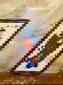 An Exquisite Redwood Painted Color Inlaid Porcelain Plaques Blue and White Underglaze-Red Figure