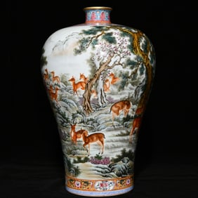 A Rare Famille-Rose Pine and Deer Pattern Vase