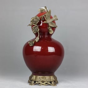 A Huge Red Glazed Inlaid Bronze Flower and Bird Gourd-Shaped Vase