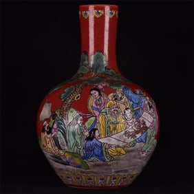 A Huge Red Glazed Famille-Rose Figure and Story Pattern Painted Gold Vase,with Poem