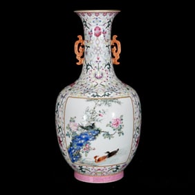 A Rare Famille-Rose Flower and Bird Pattern Double-Ears Vase