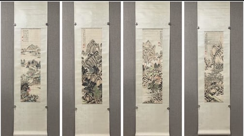 A Set of Chinese Vertical Scroll Ink Painting of Landscape and Figure on Paper