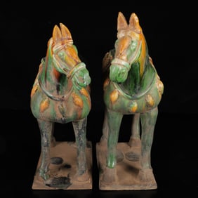 A Pair of Exquisite Tang Tri-Color Glazed Pottery Horse Ornaments