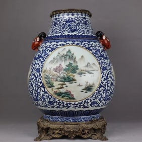 A Huge Blue and White Landscape Pattern Inlaid Bronze Sheep-Ears Vase