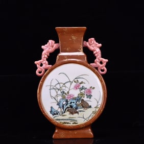 An Exquisite Famille-Rose Flower and Bird Pattern Double-Ears Vase,With Poem