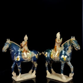 A Pair of Rare Tang Tri-Color Glazed Pottery Figure Riding Horse Ornaments